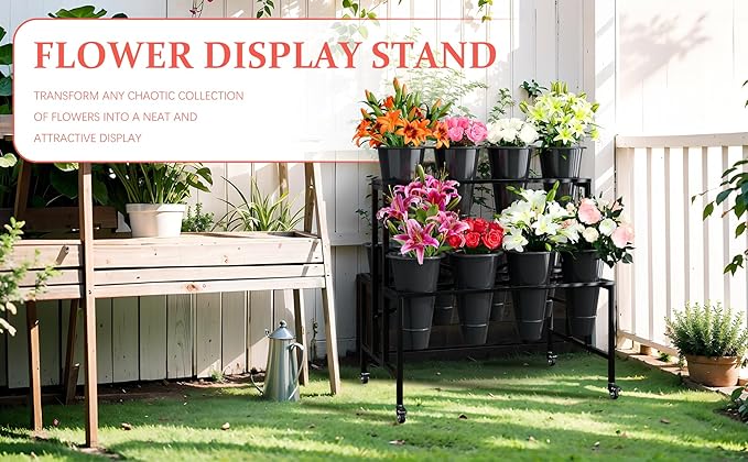 Zhongma Flower Bar Stand Display shelf with Black Buckets for Fresh and Diy flowers Bouquet Rack Organizer Heavy Duty Flower Bucket Stand with Wheels