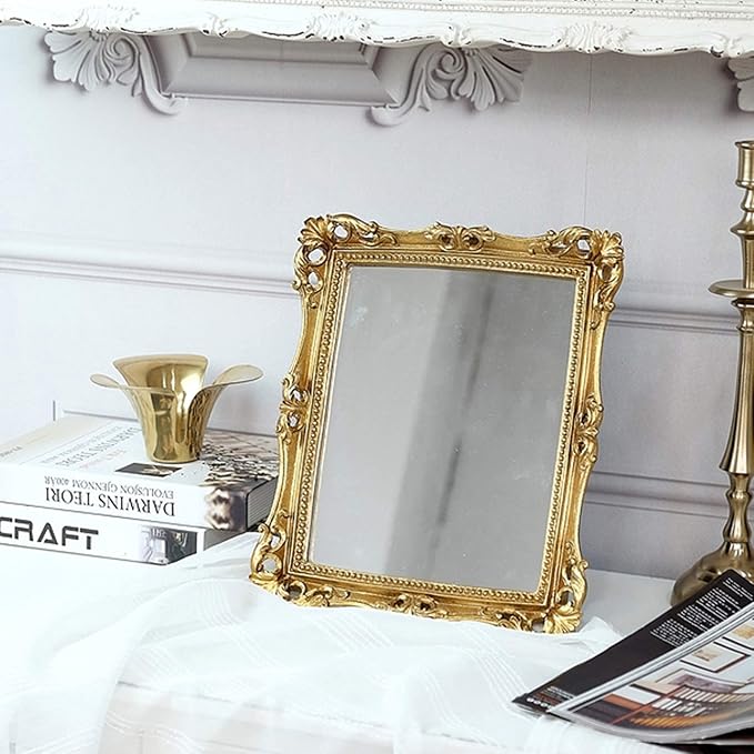 Funerom Vintage 11 x 9.5 inch Decorative Mirror, Wall Mounted & Tabletop Makeup Mirror ，Square Antique Gold
