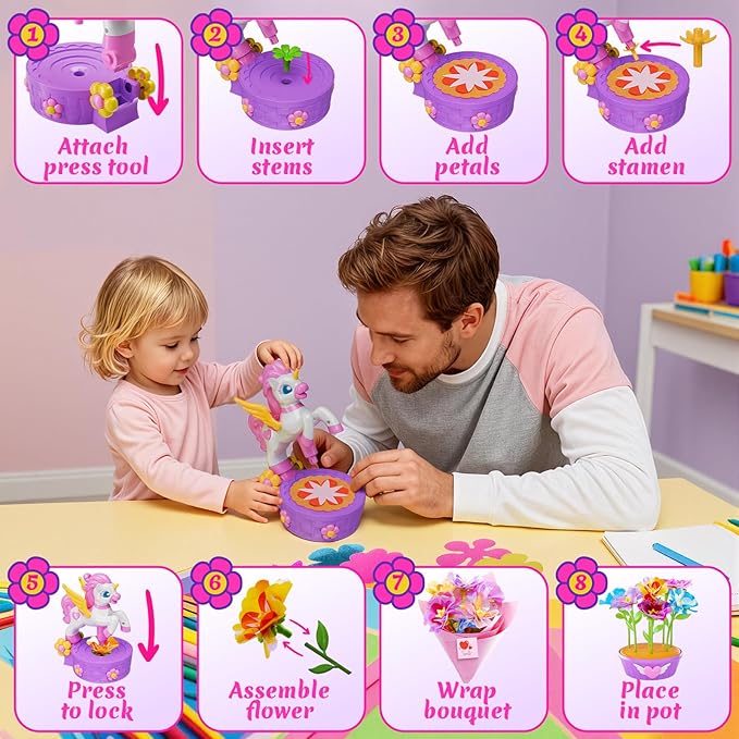Unicorn Toys for Girls Age 4-6 7-8 9-12, Fabric Flower Bouquets Toys, Flower Making Kit, DIY Arts and Crafts for Kids, Unique Christmas Birthday Gifts for 3 4 5 6 7 8 9 10 11 12 Year Old Girls Gifts