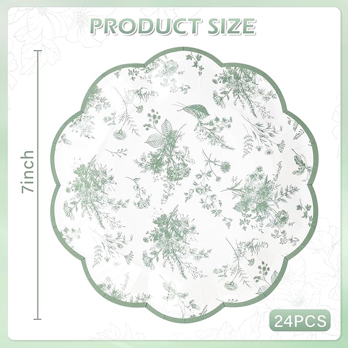 24Pcs Sage Green Floral Party Plates Vintage Floral Leaf Disposable Paper Plates Wildflower Toile 7" Scalloped Rim Dessert Plate for Christmas Birthday Bridal Tea Party Supplies