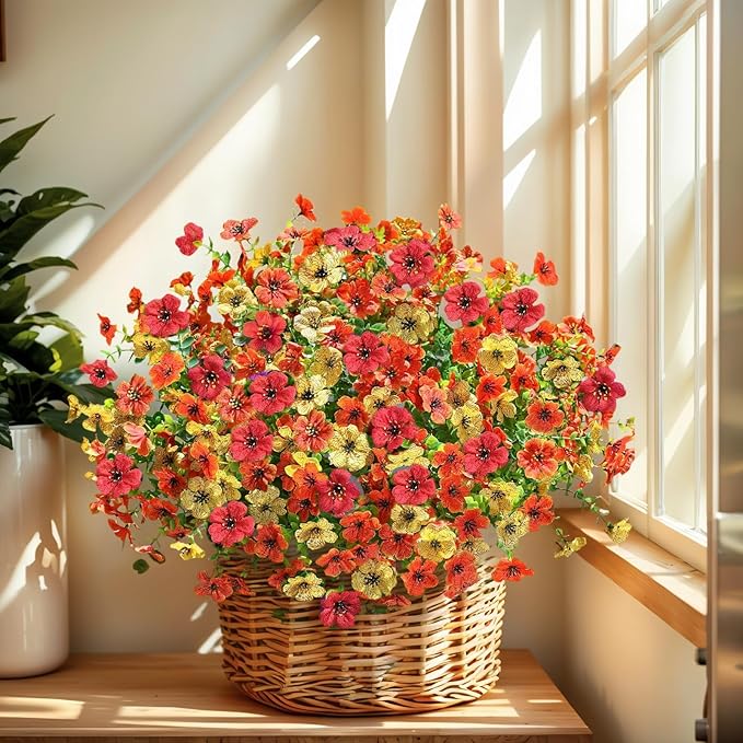 SHIAWASENA Realistic Outdoor Fake Plants Flowers, Artificial Flowers, UV Resistant, 12 Bundles Faux Silk Colorful Violet Flowers Bouquet with Eucalyptus (Yellow & Orange & Red)