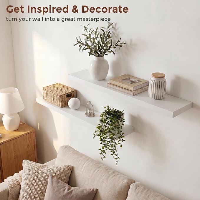 fuqing 40 Inch Floating Shelves | 6.7 Inch Deep White Shelves for Wall Set of 2 | 40''W x 6.7''D x 1.4''H White Wood Shelves for Living Room Bathroom Bedroom Kitchen Home Office