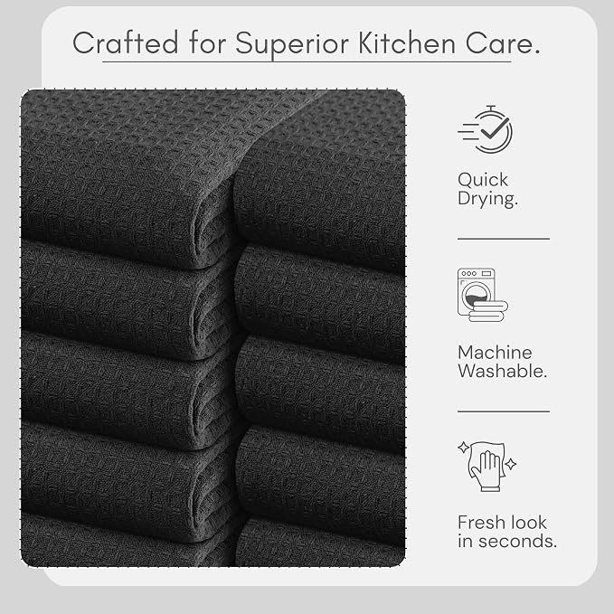 TWINY threads Dish Towel Waffle Weave, Set of 6, 16x26 Inch, Premium Large 100% Cotton Kitchen Linen Pack, Absorbent Cloths for Drying Dishes, Cookware, Quick Drying, Machine Washable, Black