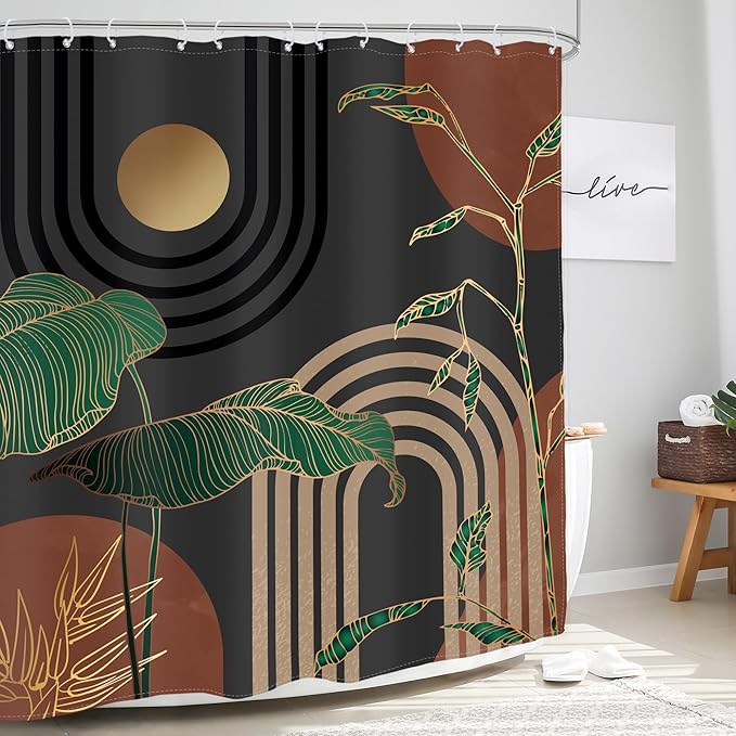 Glawry Dark Brown Mid Century Shower Curtain 60Wx72L Inches Boho Abstract Retro Tropical Palm Leaves Modern Bathroom Aesthetic Bath Accessories Art Home Decor Fabric with Hooks