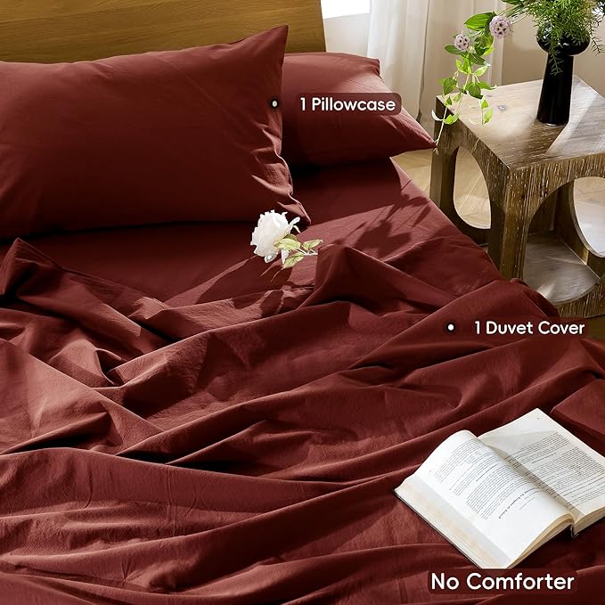 MooMee Bedding Duvet Cover Set 100% Washed Cotton Linen Like Textured Breathable Durable Soft Comfy (Solid Fired Brick Red, Twin 68"x90")