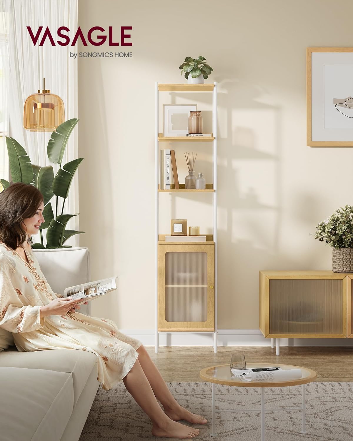 VASAGLE 6-Tier Bookcase - Slim Freestanding Storage Shelf with Adjustable PC Door | Oak Beige & Pearl White
