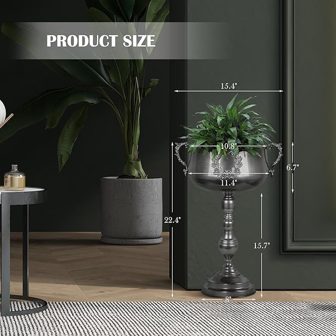 WORTH 22.5" H. Tall Floor Urn Vase - 15.3" Dia. Classic Bowl Metal Planter Plant Pot - Glossy Black Bowl Flower Vase for Party Event Home Decor - Decorative Outer Pot