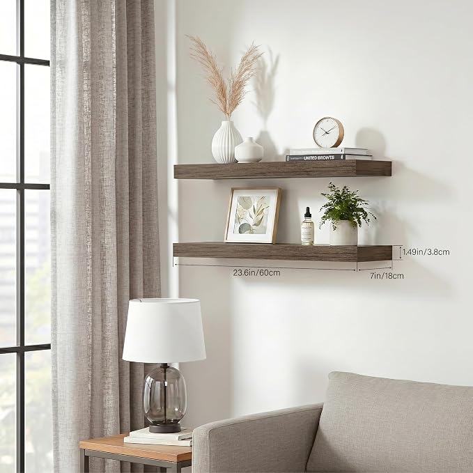 Floating Shelves for Wall, Bathroom Shelves Over Toilet, Wall Shelves & Book Shelf for Room, Hanging Shelf, Modern Wooden Mounted Floating Shelves, 24x7x1.5 in (Smoke Gray, Set of 2)