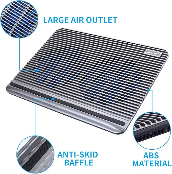 Laptop Cooling Pad, Coolertek USB Powered Laptop Cooler, 2 Blue Silent Big Fans, Height Adjustable Non-Slip Laptop Stand with Dual USB 2.0 Ports, Fits 11-17Inch Notebook - Gray (N2)