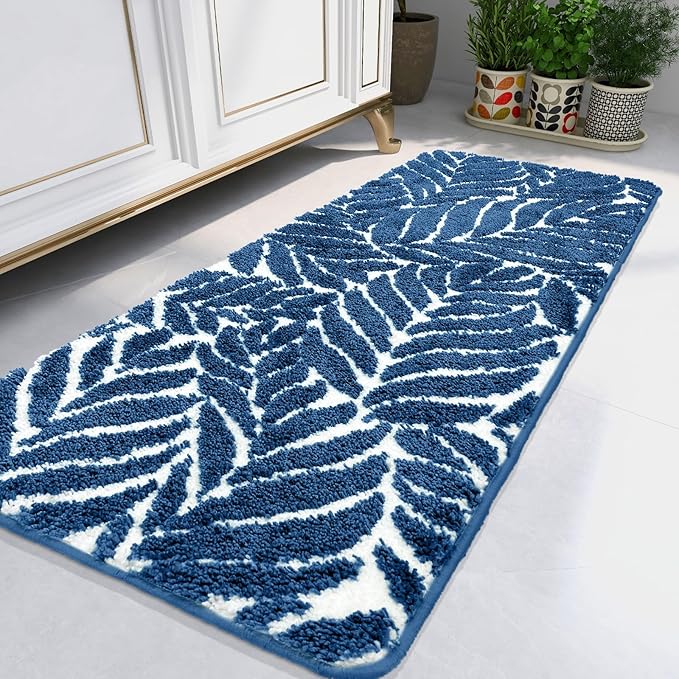 Blue Bathroom Runner Rug - Blue Long Bath Mat Runner Large Leaf Bath Rugs Non Slip Washable Bath Rug for Bathroom Floor, Cute Restroom Rug, Plant Absorbent Bathmat Botanical Decor 24" x 60"
