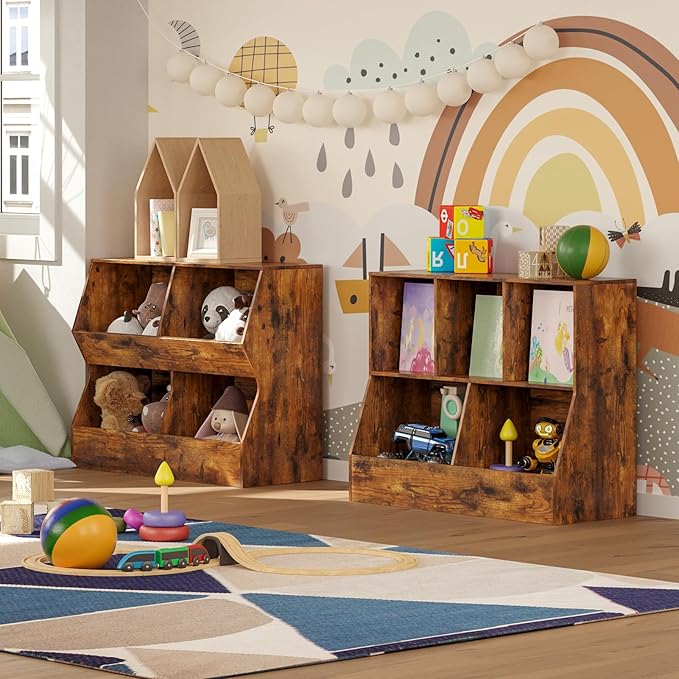 DINZI LVJ Kids Bookshelf, Toy Storage Organizer, Wooden Toy Cabinet, 4 Cubby Children Bookcase, 31.5" L Toddler Book Shelf for Bedroom, Nursery, Hallway, School, Rustic Brown