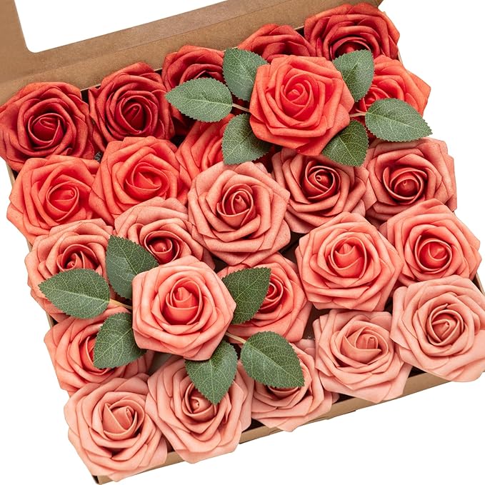 Ling's moment Artificial Flowers 25Pcs 3" Roses in Coral Dusty Cedar Shades, Realistic DIY Foam Floral Decor for Wedding Bouquets/Centerpieces, Outdoor Party Backdrops, Room/Table, Shower Decorations