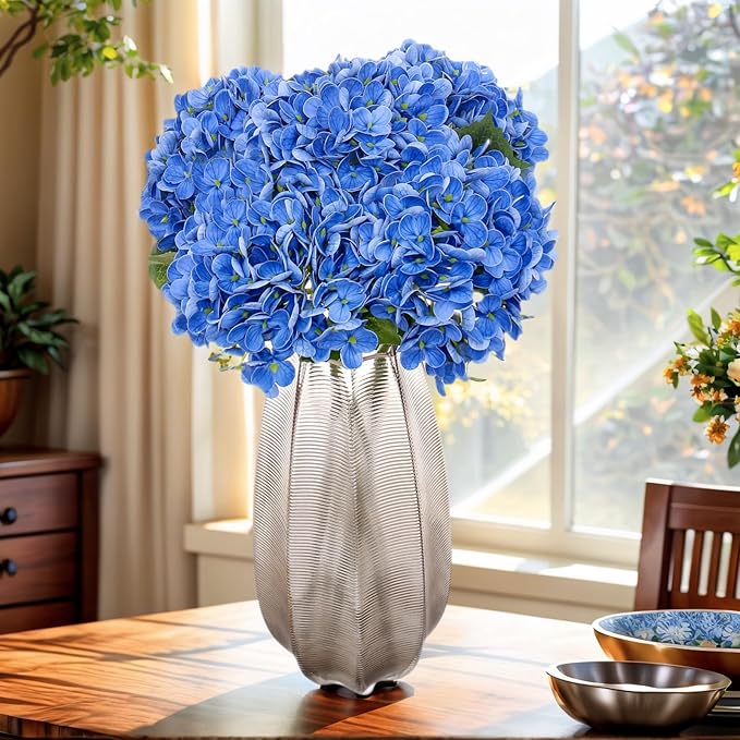 Kimura's Cabin 5Pcs Blue Artificial Hydrangea Flower 21inch Real Touch Fake Hydrangeas Flowers Long Stem with Leaves Hydrangea Bouquet for Wedding Baby Shower Birthday Party Home Interior Decoration