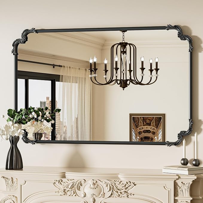 TETOTE Baroque Antique Black Scroll Wall Mirror 48 x 30 Vintage Rectangle Framed Baroque French Rectangular Mirror for Mantle Fireplace Bathroom Living Room, Horizontal/Vertical