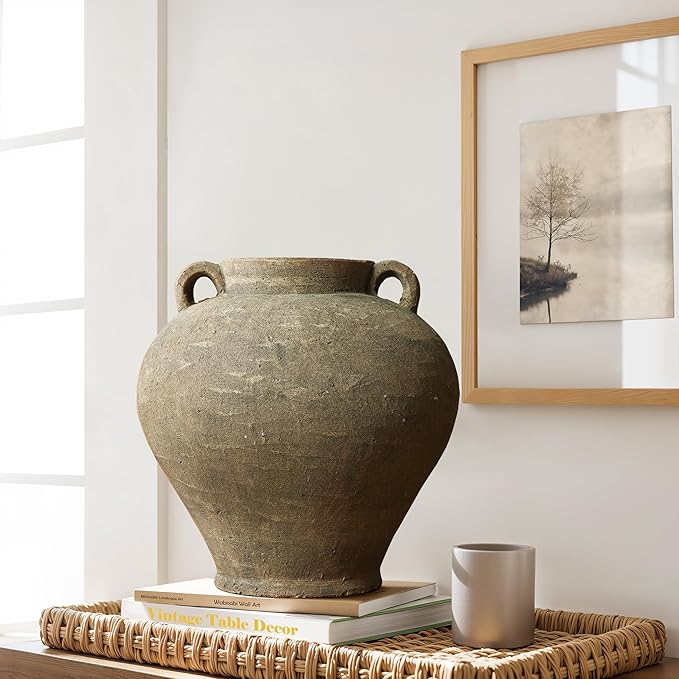 LuxenHome Rustic Large Flower Vase,14'' Tall Brown Terracotta Cauldron Vase,Farmhouse Decorative Vases for Dining Table Decor,Vintage Pottery Ceraimc Vase Living Room Office Home Decor