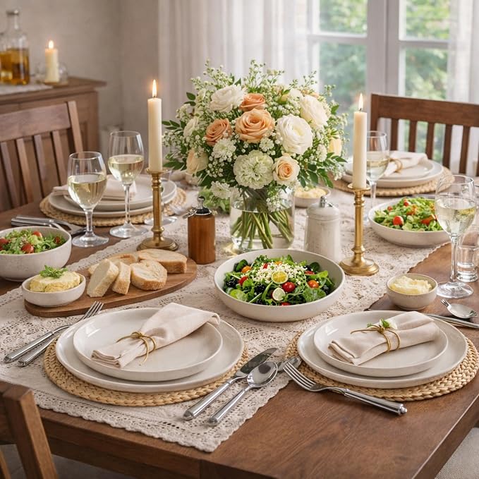 AmorArc Ceramic Dinnerware Sets for 8, 24 Pieces Handpainted Plates and Bowls Set with Rustic Terracotta Underside, Scratch Resistant Stoneware Dishes Set, Dishwasher & Microwave Safe, Light Beige