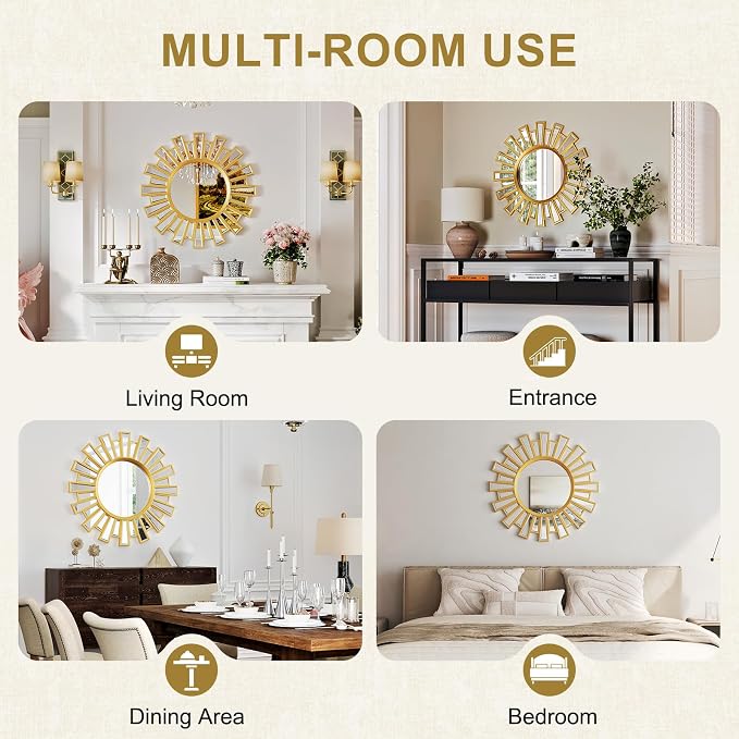 Gold Large Sunburst Wall Mirror - 24 inch Round Beveled Sun Mirror with Layered Metal Frame for Wall Decorative Modern Boho Wall Art for Entryway Bedroom Living Room Hallway Bathroom Dining Room