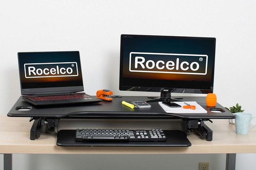 Rocelco 46" Large Height Adjustable Standing Desk Converter - Quick Sit-Stand Triple Monitor Riser | Black