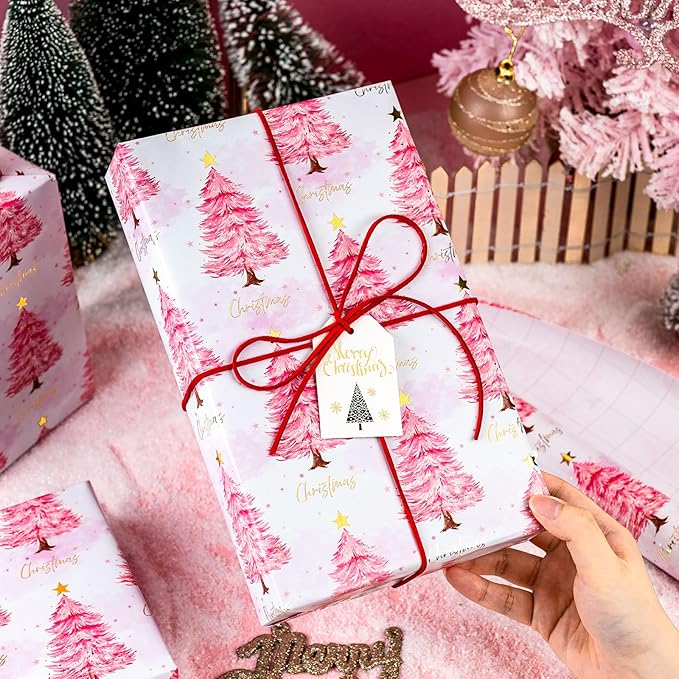 MAYPLUSS Christmas Wrapping Paper Roll - 17IN X 33FT - Pink Gift Wrapping Paper Featuring Christmas Tree Little Star Reversible Cut Lines for Kids, Holiday, New Year