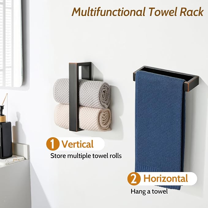 Sayayo Oil Rubbed Bronze Towel Bar for Bathroom, 8 Inch Hand Towel Holder Wall Mount Square Towel Ring SUS304 Stainless Steel Towel Rack