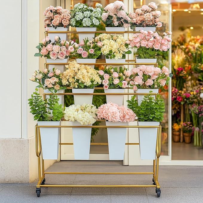 Flower Display Stand Frame, 4-Tier Flower Cart with Wheels, Metal Floral Display Rack , Moving Florist Bouquet Shelf for Shop ,Flower Bar, Events (Gold - 4 Tier) ,Without Flower Buckets
