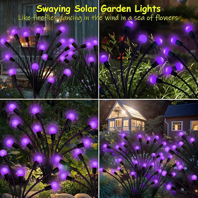 Kohlrabi Solar Garden Lights Outdoor, 4 Pack 40 LED Solar Purple Firefly Lights Waterproof, Sway by Wind, Halloween Swaying Light for Yard Patio Backyard Garden Planter Flower Bed Pathway Decoration