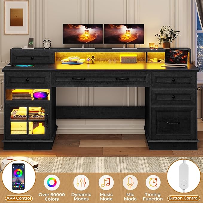 BTHFST 59.1" Executive Desk with File Drawer, Home Office Desk with Charging Station & LED Lights, Computer Desk with Drawers & Storage Cabinet, Executive Office Desk with Monitor Stand, Black