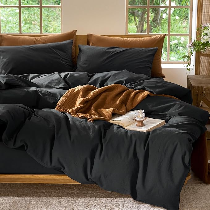 MooMee Bedding Duvet Cover Set 100% Washed Cotton Linen Like Textured Breathable Durable Soft Comfy (Solid Black, Oversized Queen 98"x98")