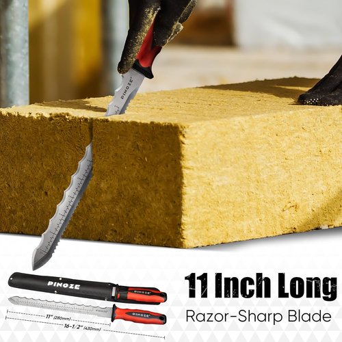 PINOZE 11" Insulation Knife - Stainless Steel Blade with Laser Scale & Dual-Side Serrated Edge | Ideal for Foam, Rockwool, and Styrofoam Cutting