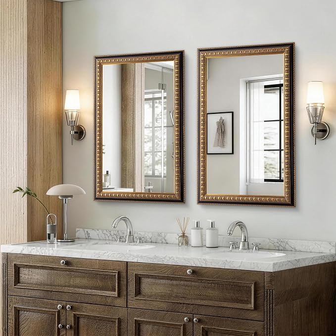 Vintage Gold Mirror for Wall Decor, 43" L x 27" W Baroque Mirror with Carved Frame and Handmade Aged Gold Finish, Rectangular Wood Mirrors for Living Room Bathroom Fireplace