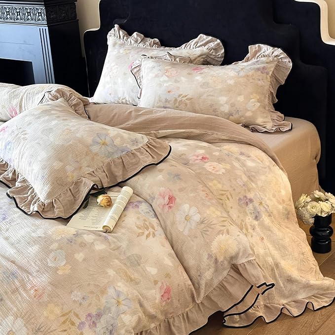 VM VOUGEMARKET Vintage Flower Duvet Cover Set King Ruffled Linen Gauze Duvet Cover with 2 Pillow Shams Soft Breathable Muslin Cotton Bedding Set-Ivory