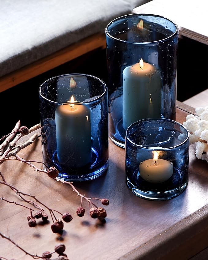 ARIAMOTION Blue Candle Holder for Pillar Tealights Modern Bubbles Glass Hurricane Cylinder Vases Table centerpieces Kitchen Island Dining Room Coffee Bar 8" 5" 3.5" Height Set 3