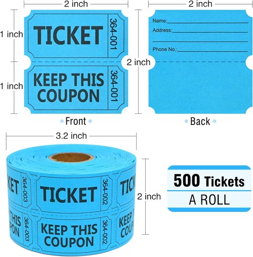 ESSENTIAL 500 Raffle Tickets - Double Roll with Name & Phone Number for Events, Classroom & Prizes (Blue)