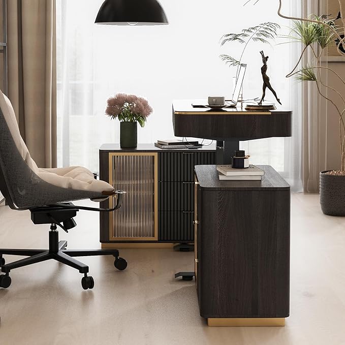 Lartis Office Desk, Electric Standing Desk with Built-in Outlets, Tempered Glass Top Modern Office Computer Desk with 2 Side cabinets (Black Brown, 50)