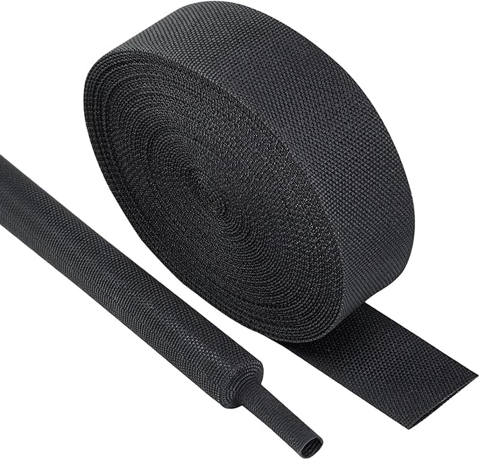 Black 2:1 Ratio Automotive Heat Shrink Braided Sleeving,Wear-Resistant Flat Woven Shrinkable Sleeve Fabric Car Cable Wires Hoses Protection (1"-26ft)