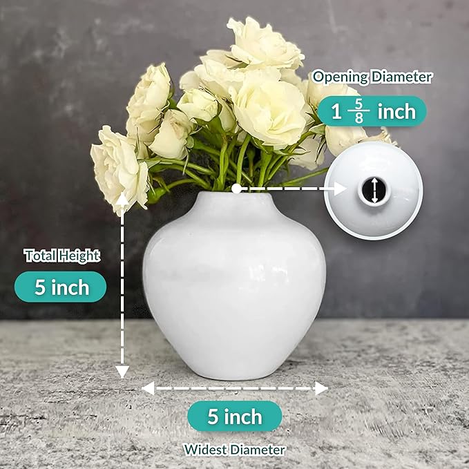 Willowy 5 Inch Small White Porcelain Vase with Glossy Finish - Small Vases for Flowers, for Centerpieces, Mini/Short White Vase