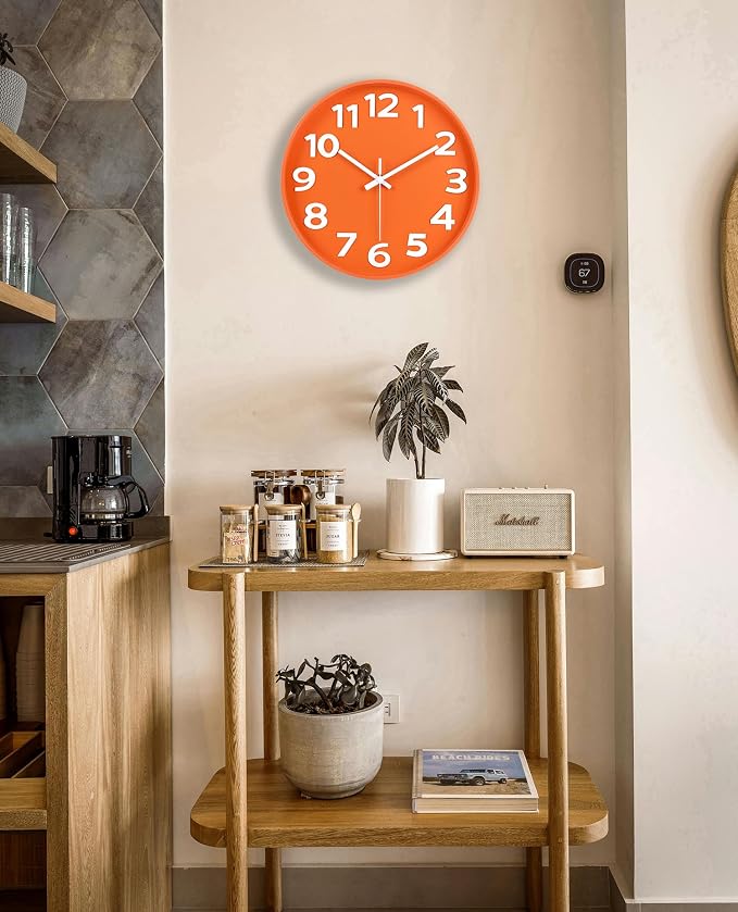 45MinST 12-Inch Modern Indoor Outdoor Wall Clock, Minimalist Orange Design, Silent Non-Ticking, Large Numbers, Perfect Decorative Accent for Home or Office (Orange)