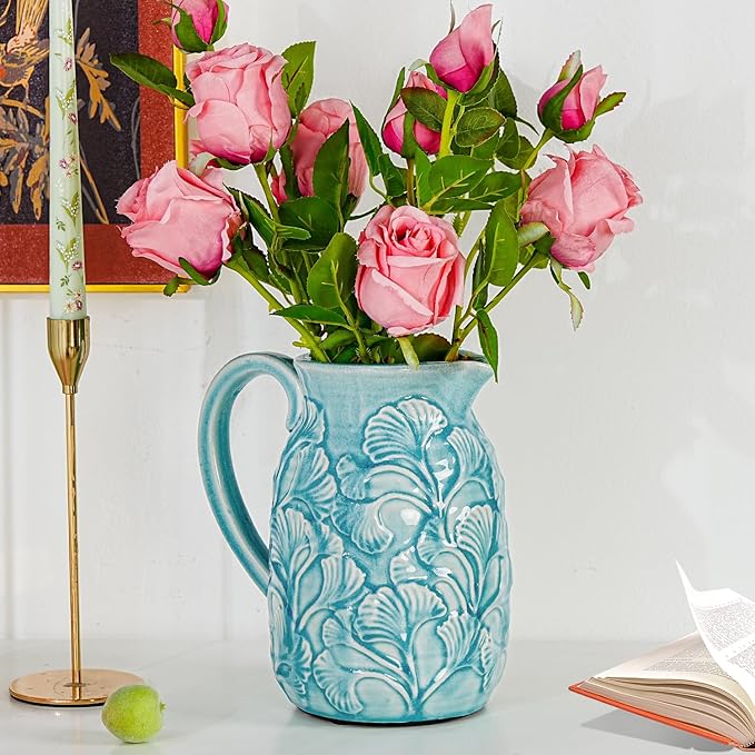 Sungmor Embossed Ceramic Pitcher Vase, Decorative Blue Farmhouse Ceramic Pitcher for Flowers, Vintage Textured Vase for Table, Kitchen & Home Decor, 8 Inch with Ice Crackle Glaze Finish