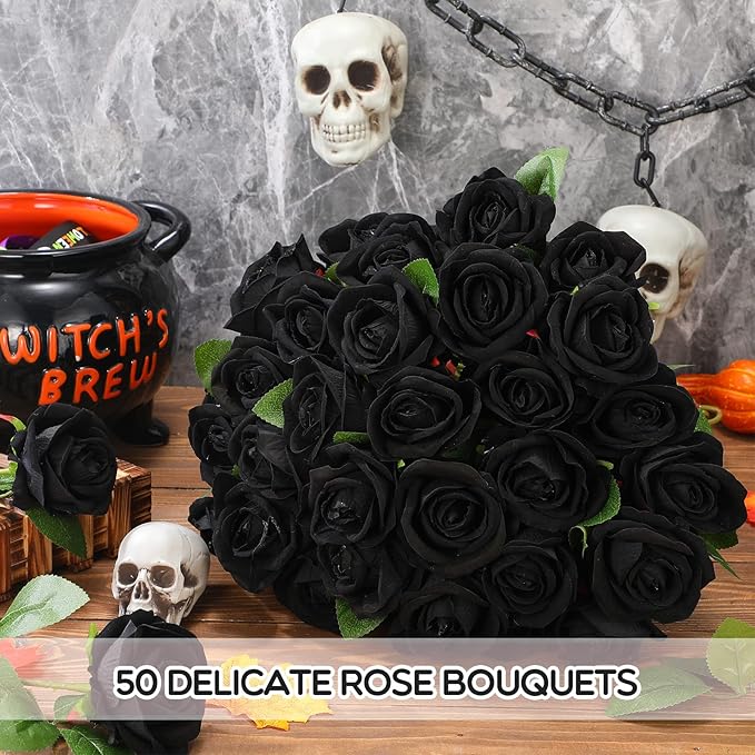 Jexine 50 Pcs Artificial Rose Flower Bulk Realistic Silk Fake Roses with Long Stem Plastic Artificial Flower Bouquet Real Looking for Home Wedding Centerpieces Party Decoration(Black)