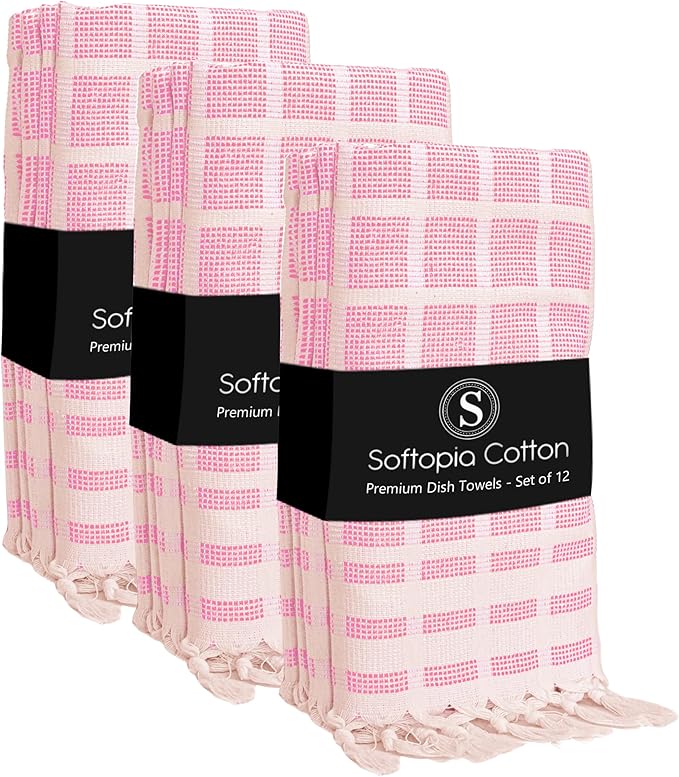 Matrix Dobby Kitchen Towels 12 Pack 100% Cotton, 16x26 Inches, Dish Towels with Knotted Tassels, Reusable and Washable Cloths for Cleaning, Drying Dishes - Rose Pink, Natural