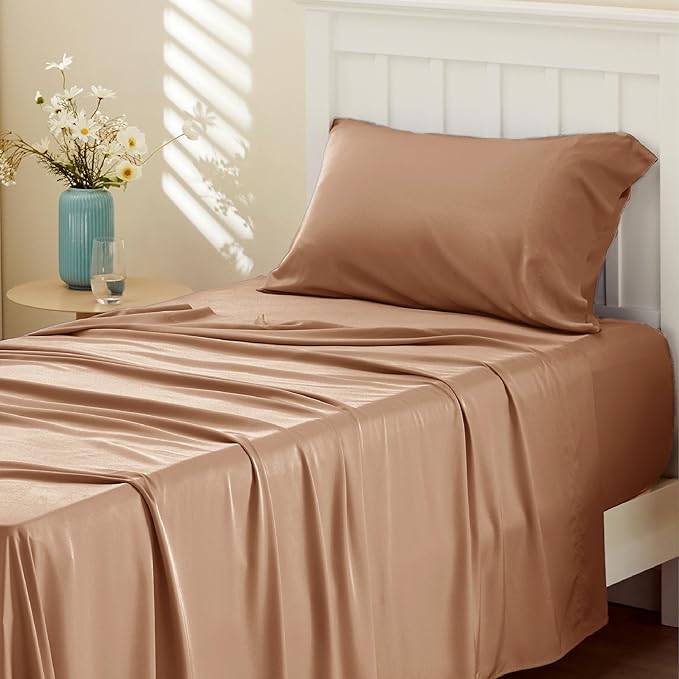 Bedsure Cooling Sheets Twin, Rayon Derived from Bamboo, Breathable & Soft Twin Sheets Set, Deep Pocket Up to 16 Inches, Hotel Luxury Silky Bedding for Hot Sleepers, Khaki