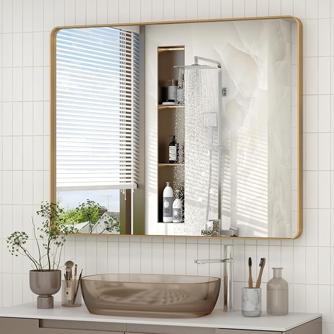 40x30 Gold Bathroom Mirror, Brushed Metal Frame Vanity Mirror, Modern Gold Rectangle Mirror, Rounded Corner, Shatterproof, Anti-Rust, Rose Gold(Horizontal/Vertical)