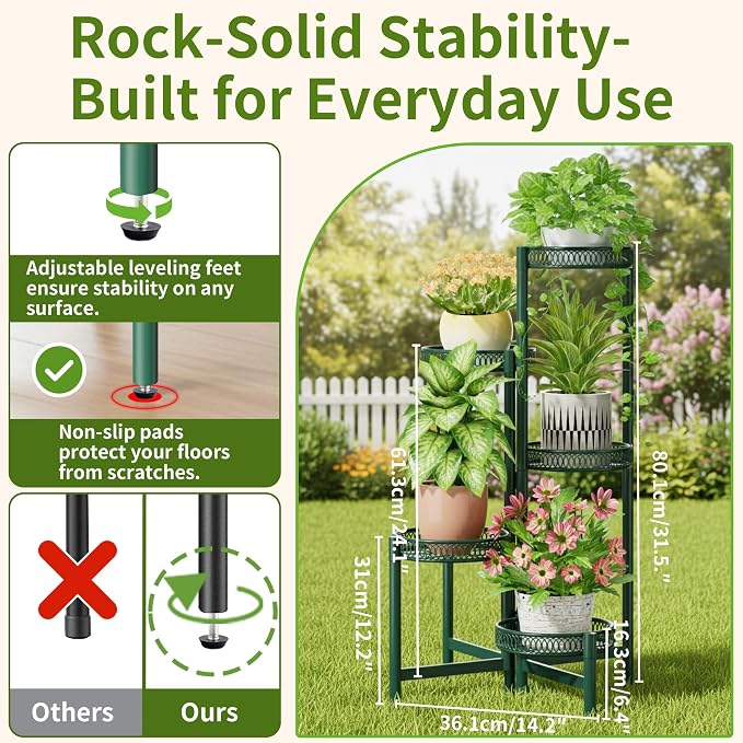 5-Tier Metal Plant Stand Indoor Outdoor, Corner Tall Plant Shelf for Multiple Plants, Foldable Plant Stand, Heavy Duty Flower Stand Holder for House Living Room Balcony Garden Patio -GreenFlower