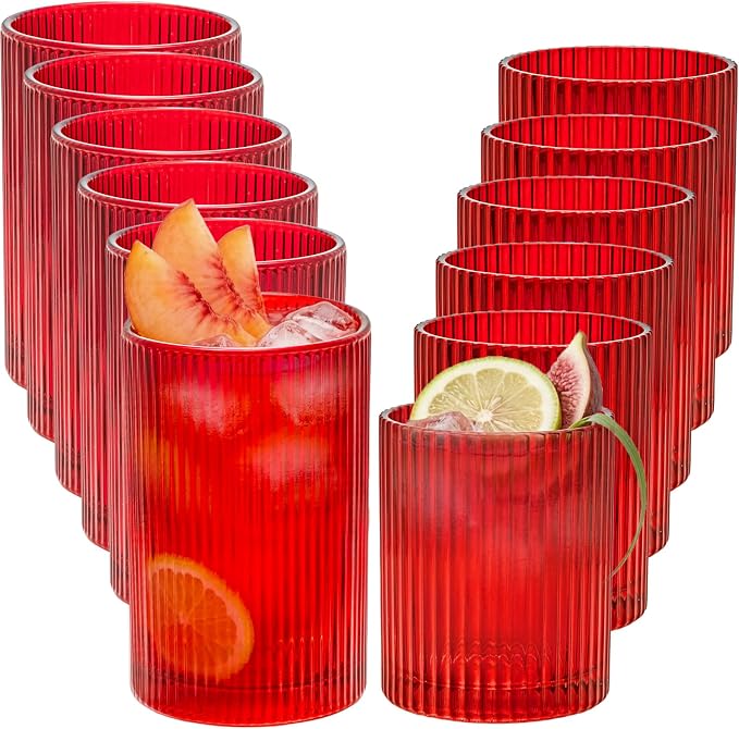 14 oz & 18 oz Ribbed Drinking Glasses Set of 12, Vintage Iced Coffee Cups Elegant Glassware, Highball Glass Cups Ridged Glass Tumbler for Cocktail, Whiskey, Beer, Water, Juice, Origami Style Red