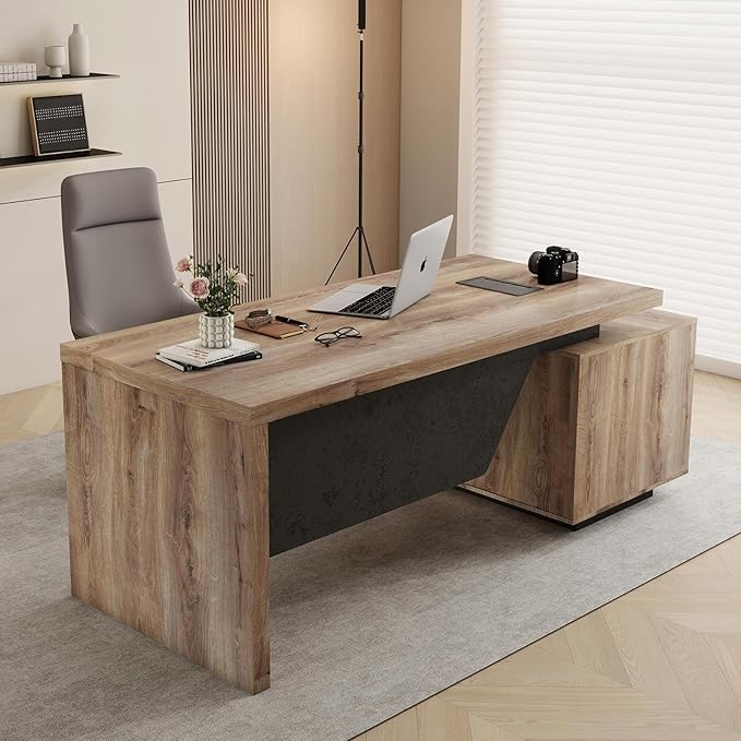 Modern Executive Desk, Rectangle Office Desk with Storage Cabinet, Width Adjustable Standing Desks, Stand Under Table Storage Organizer, Mahogany