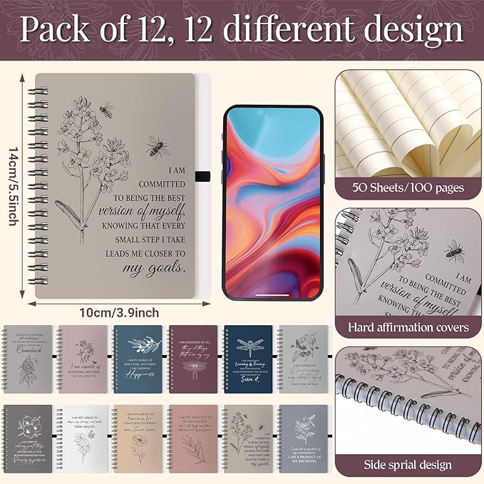 Kosiz 24 Pcs/12 Set Positive Affirmation Gifts Gratitude Spiral Notebooks with Pens Motivational Encouragement Notepads Daily Affirmations Journal for Women Valentine Galentine Gifts (Simple)