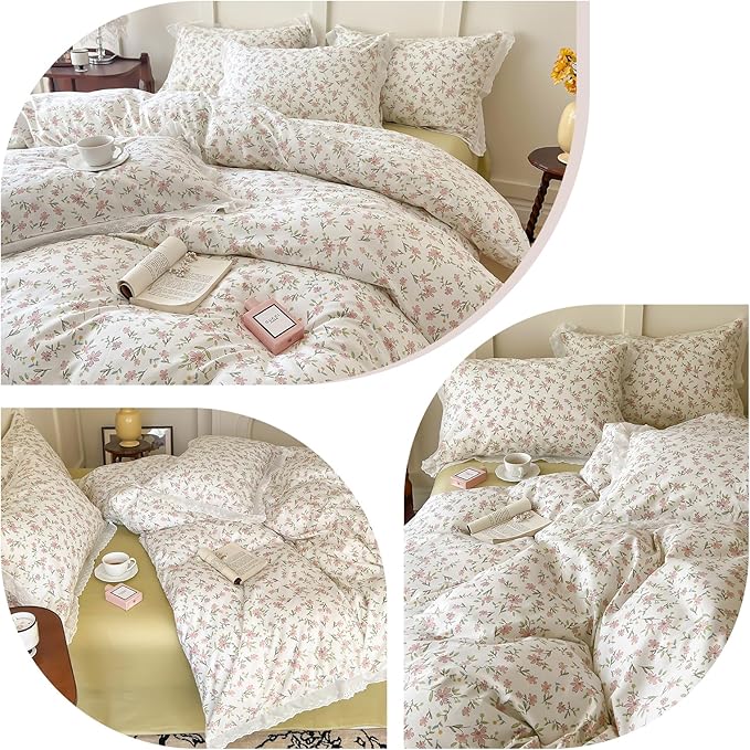 Girls Floral Ruffle Bedding Pink Flower Duvet Cover Queen Romantic Princess Lace Comforter Cover Cotton Boho Floral Duvet Cover Cute Botanical Flower Comforter Cover Ruffled Cottagecore Bedding Set
