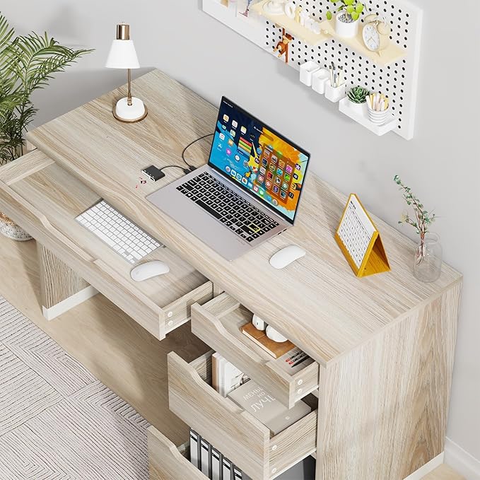 52 Inch Small Desk with Drawers, Walnut Desk with Storage, Computer Desk with Filing Cabinet，Study Desk for Kids, Bedroom