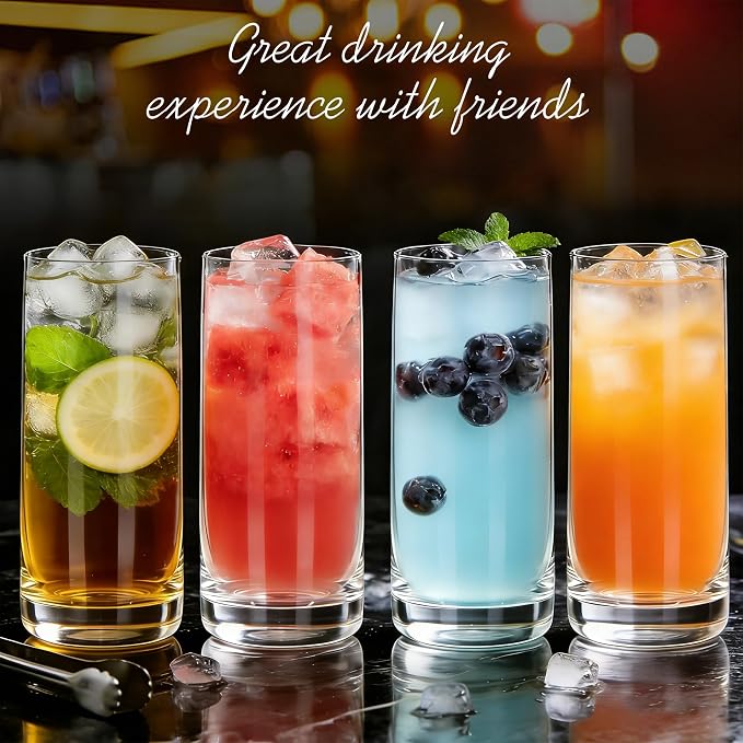 Highball Glasses Set of 6,13oz Clear Drinking Glass Cups for Mixed Drink Cocktail, Beer, Mojito, Water and Juice, Thick Tall Crystal Glassware for Kitchen, Restaurant, Home Bar and Parties