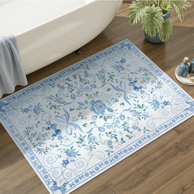 DCX Washable 2x3 Bow Rug, Blue Floral Rug for Girls’ Bedroom, Cute Soft Low Pile Indoor Décor Carpet, Kid & Pet Friendly Nursery Rug for Living Room, Dorm, Playroom